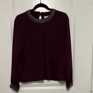 Embellished Collar Long-Sleeve Blouse - Deep Plum